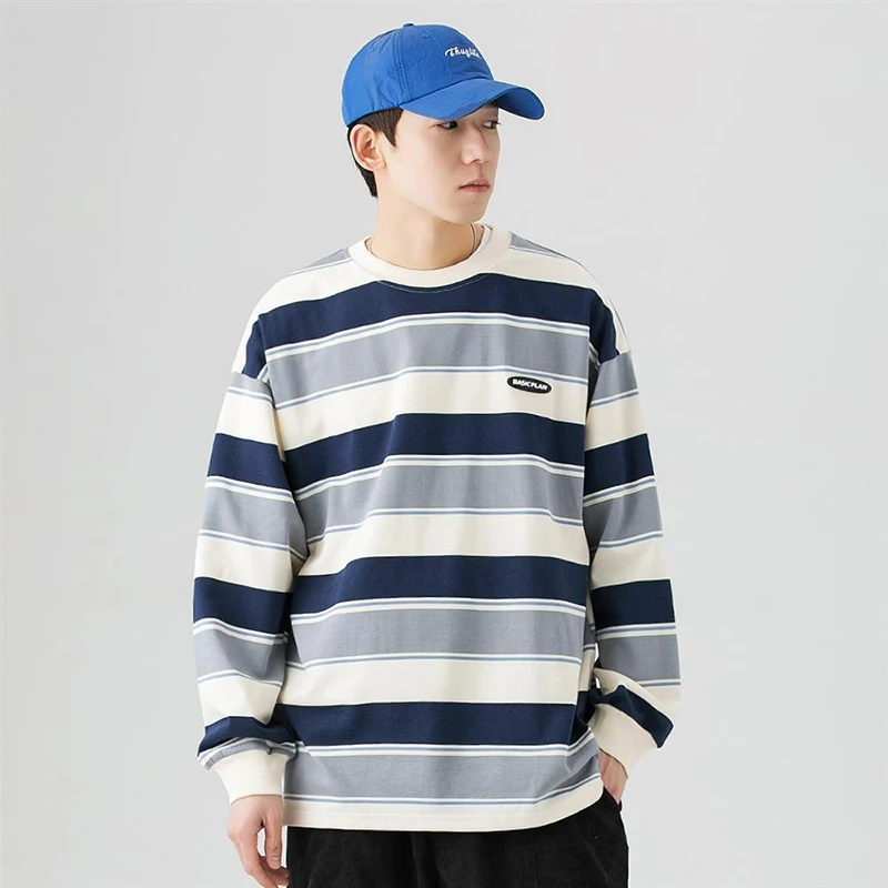 Summer Fall Striped Print Men O Neck Long Sleeve Sweatshirts Teenager Loose Fashion Simple All-match Oversized Pullover Clothing