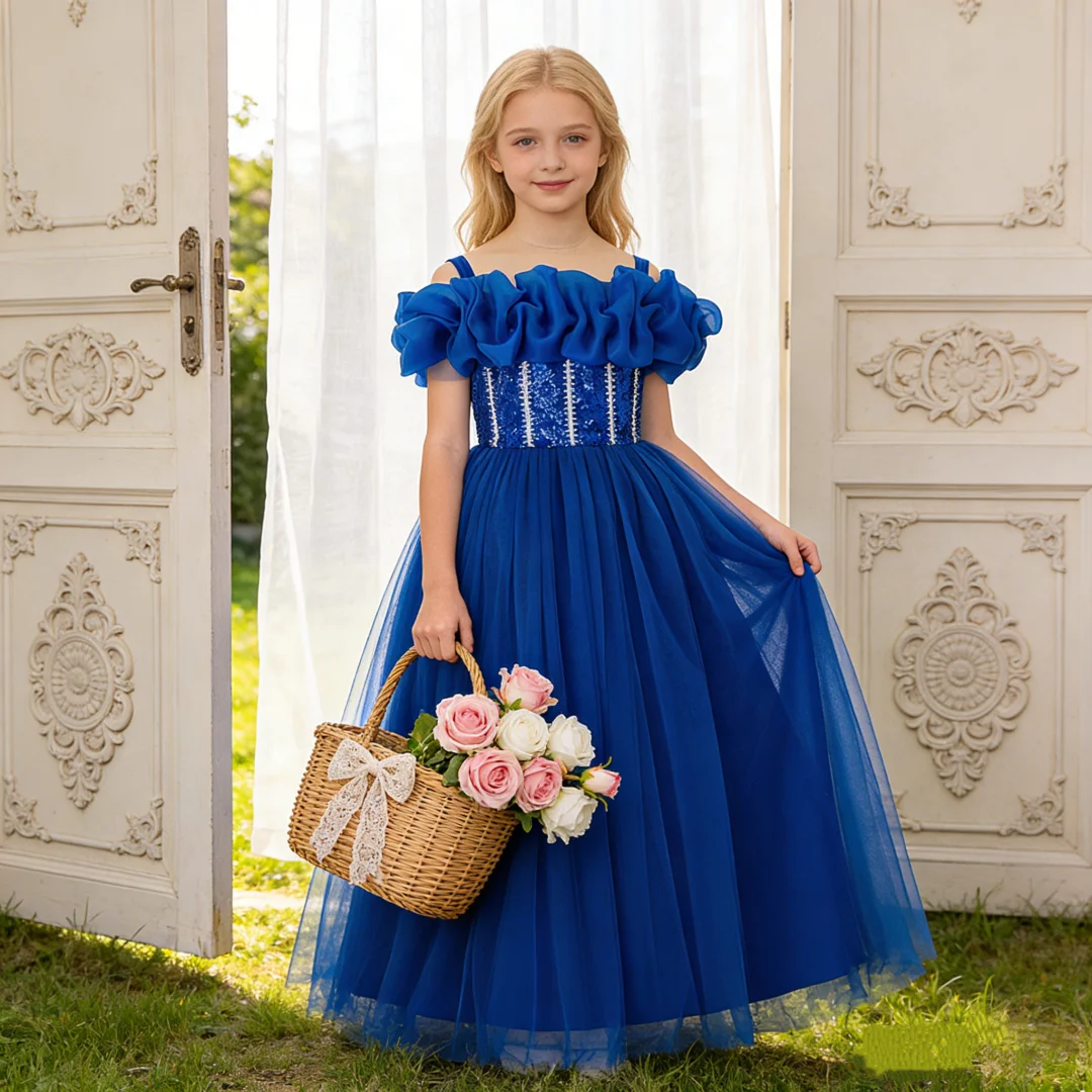 Girls Beading Mesh Ball Gown Baptism Birthday Prom Party Elegant Wedding Princess Dress Piano Host Performance Evening Costume