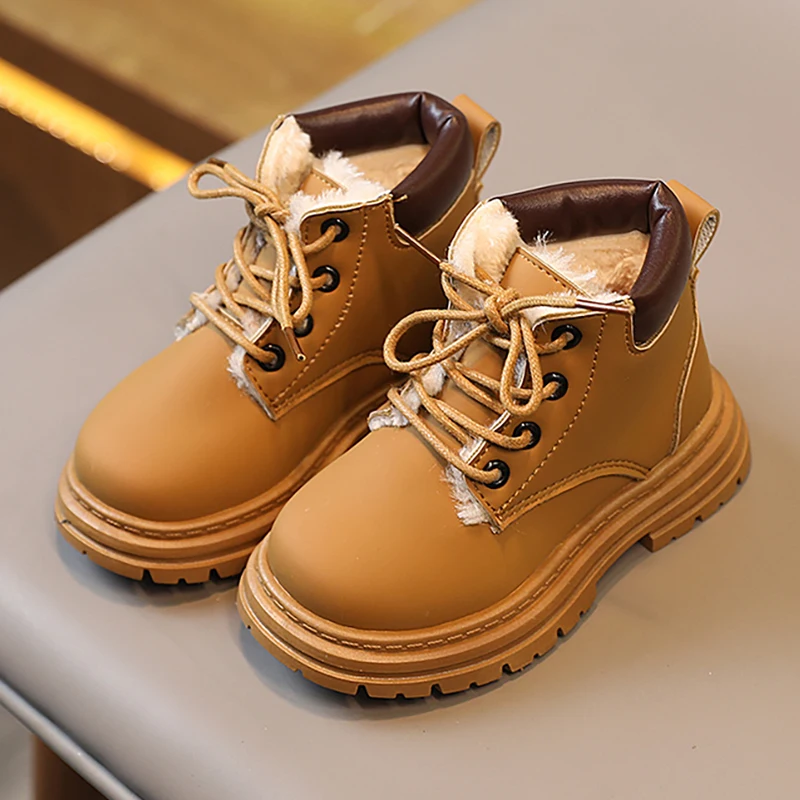 

PU Leather Winter Boots For Children Faux Fur Thick Warm Boy's Girl's Plush Boots Soft-soled Kid's Snow Boots Winter Cotton Shoe