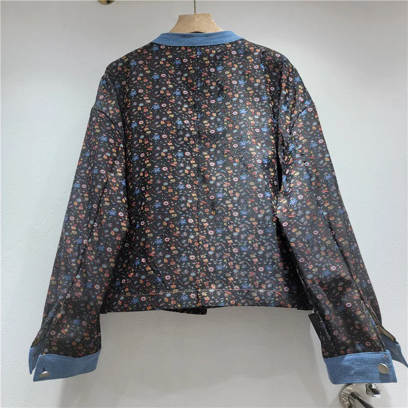 Autumn New Fashion Jacquard Patchwork Cowboy Pocket Short Denim Jacket Round Neck Single Breasted Long Sleeve Women Streetwear