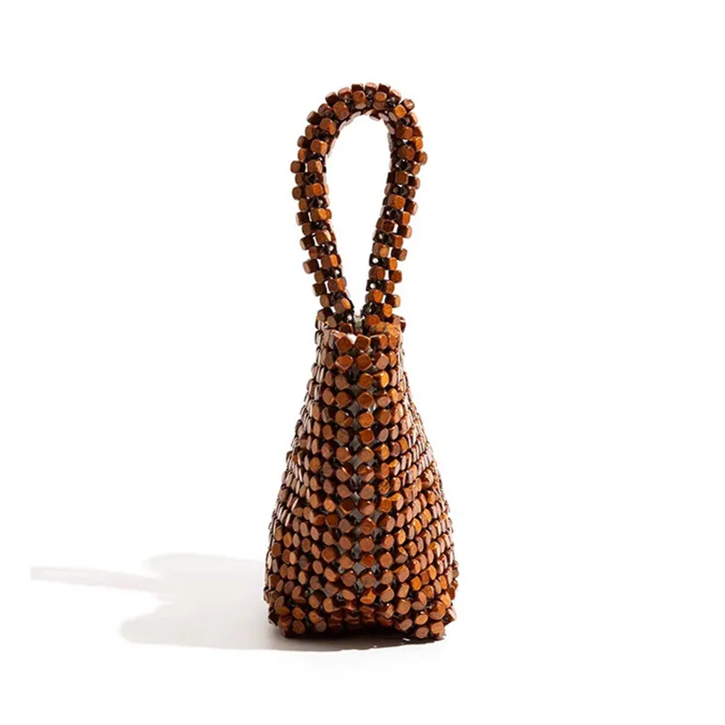 Bohemian Style Wooden Beaded Tote Bag Women Handmade Woven Wood Bead Handle Bag Summer Beach Vacation Mini Bucket Handbag