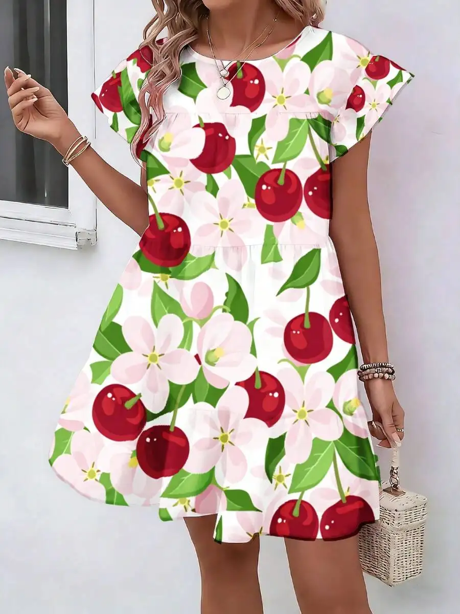 

Casual Summer Women Dress Cherry Flower Print Round Neck Loose Babydoll Dress For Beach Daily Wear