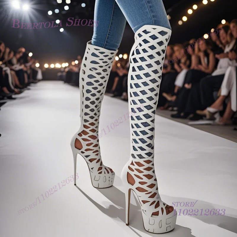 White Mesh Hollow Platform Knee Boots Women Stiletto Peep Toe Back Zipper Sexy Shoes Simple Summer Spotted Leather Sewing Shoes