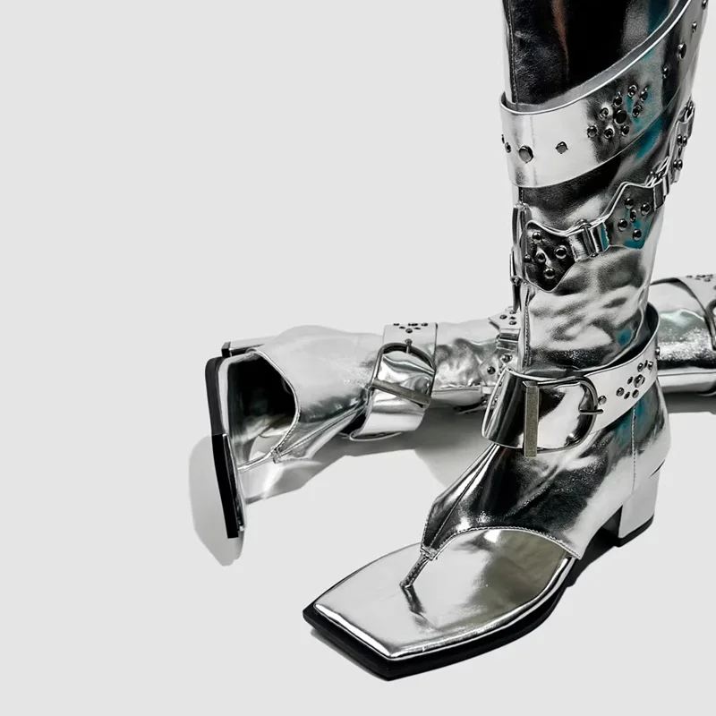 Punk Belt Buckle High Heels Sandals Boots Women Summer Clip Toed Bling Silver Motorcycle High Boots Mid-Calf Western Boots view 3