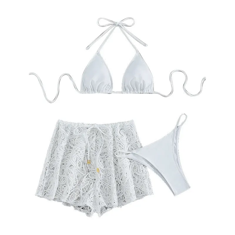 2026 new European and American lace-up mesh swimsuit split swimsuit female sexy bikini three-piece swimsuit bikini