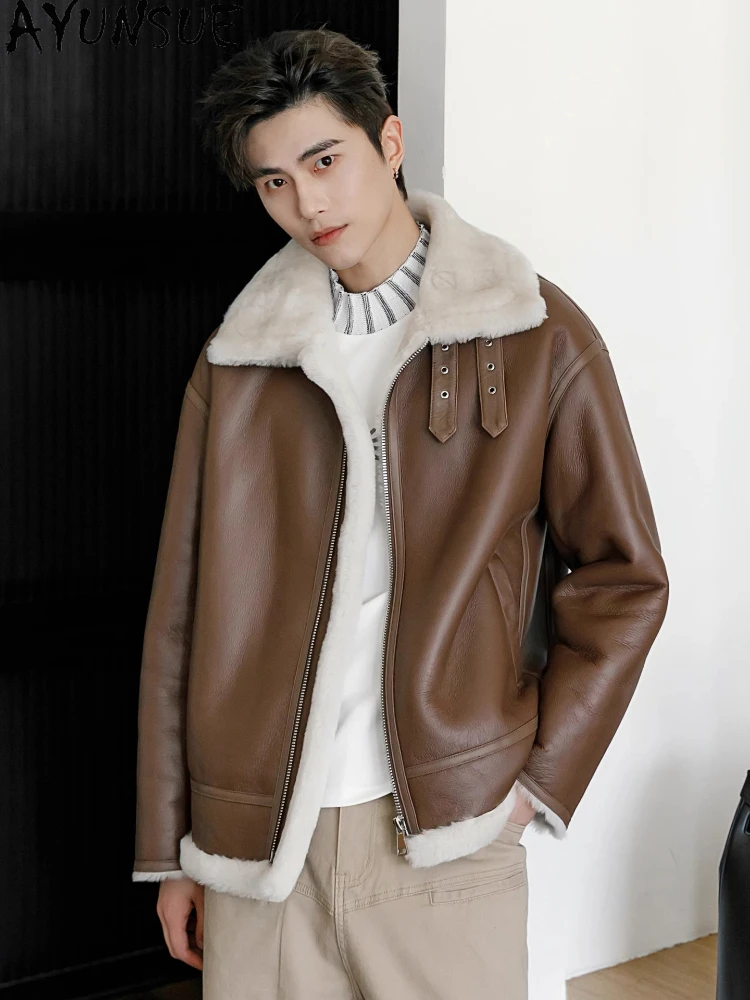 AYUNSUE Natural Sheep Fur Coat Luxury 2025 Flight Suit High-end Genuine Leather Jacket for Man Clothing Autumn Winter Streetwear
