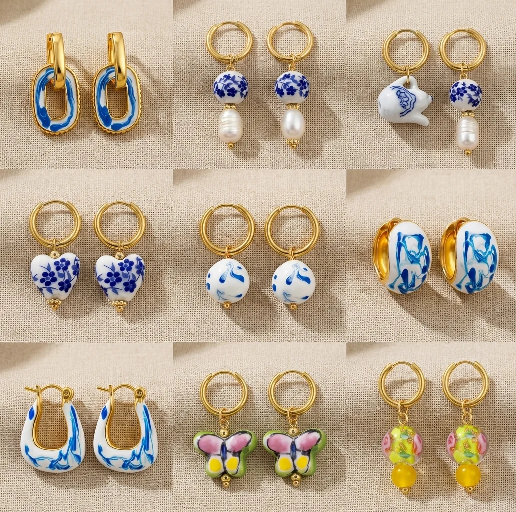 Elegant Blue and White Flower Ceramic Gold Color Hoop Drop Earrings for Women Unique Handmade Jewelry Fashion Accessories Gift