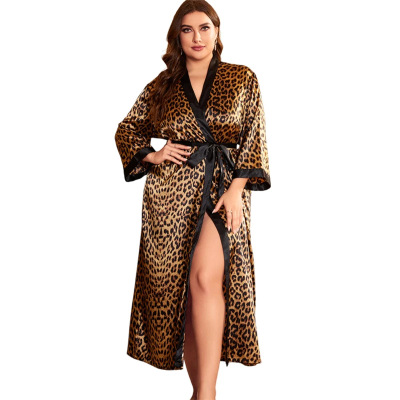 

Leopard Print Pajamas Imitation Silk Nightgown Thin Long Sleeve Cardigan Lace up Bathrobe Loose Large Size Home Wear for Women