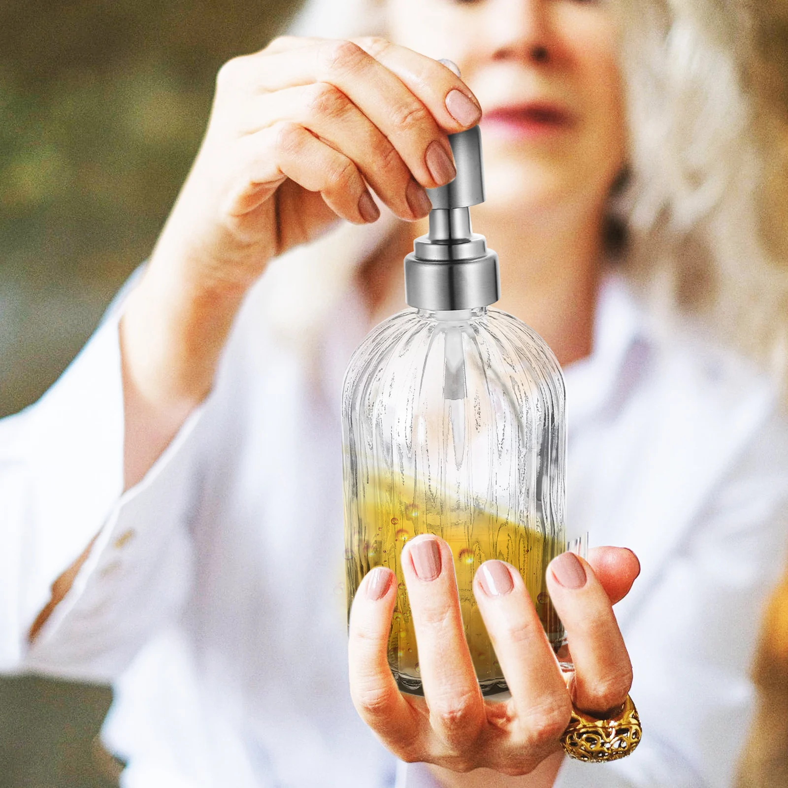 

Clear Glass Soap Dispenser Bottle Stainless Steel Pump Refillable Hand Soap Liquid Storage Bottle for Bathroom Kitchen