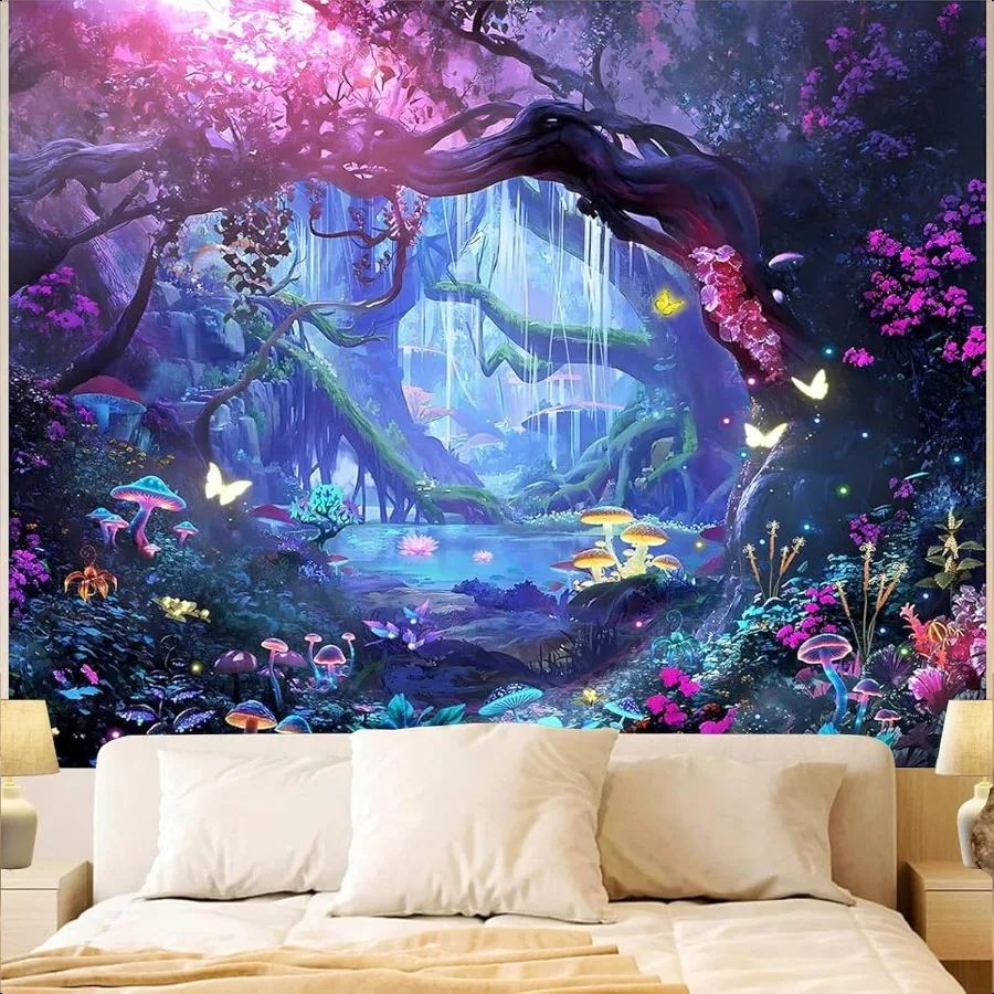 

Forest Nature Room Decor Tapestry Wall Hanging Fantasy Trees Butterfly Mushroom Tapestries for Bedroom Blue Colorful Floral Mag