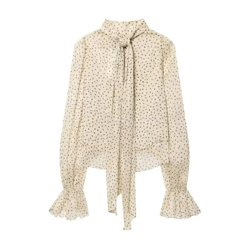 Maxdutti Minimalist Women's Shirt Polka Dot Tie Collar And Ruffle Edge In Southern France Women's Blouses And Shirt Woman Cloth