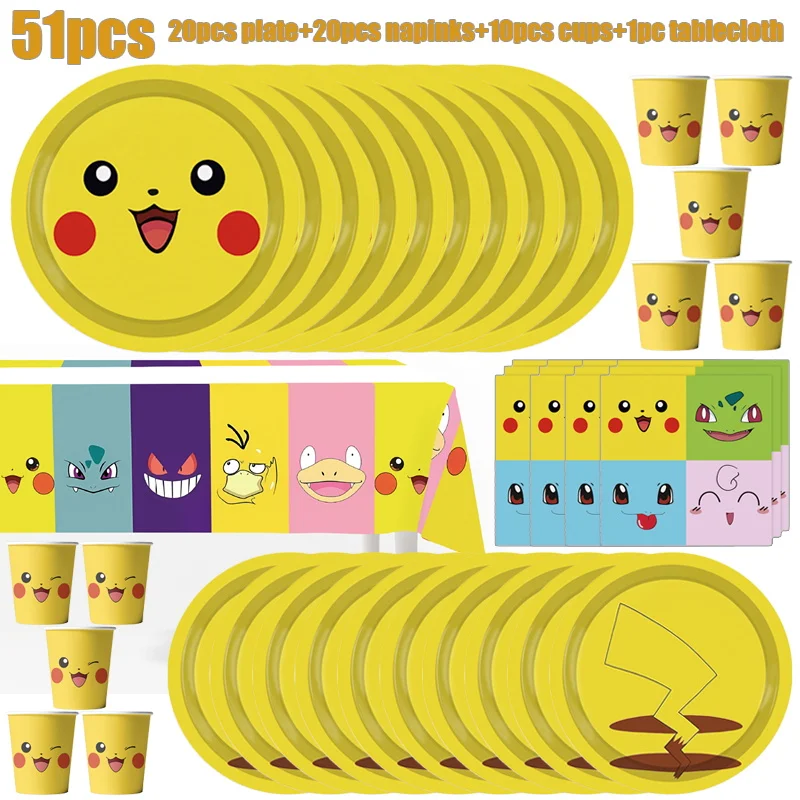 New Pokemon Birthday Party Decorations Kits Pikachu Theme Paper Plates Napkins Cups Balloons Baby Shower for Kids Event Supplies