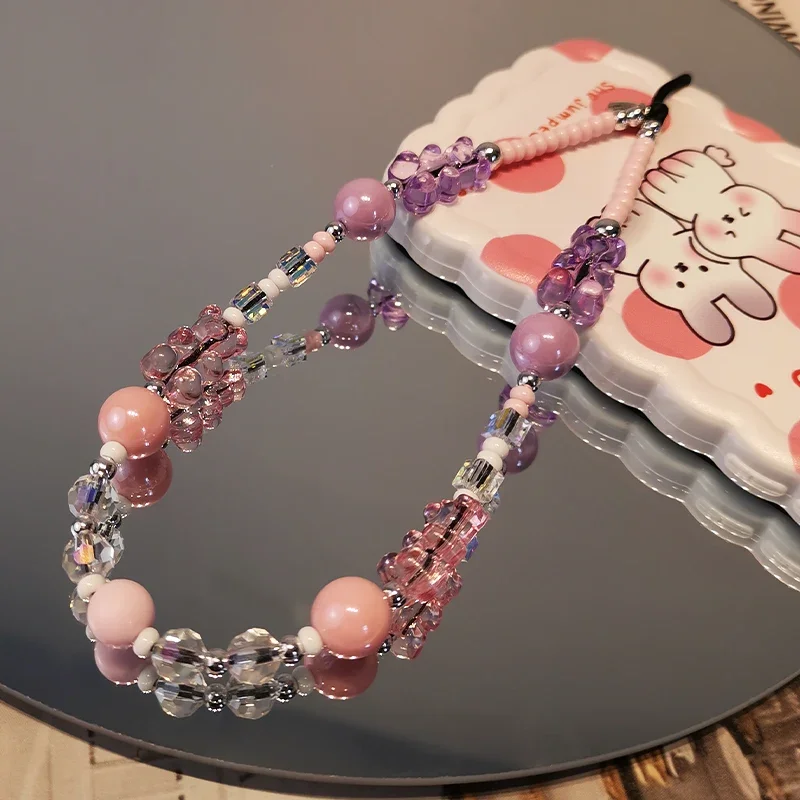 

Женская маленькая яркая цепочка, ремешок ручной работы с бусинами, подвеска в виде медведя карамельного цвета, веревка против потери, милая Подвеска для телефона с ремешком