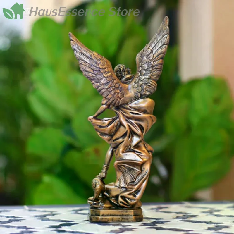 ※San Miguel Arcangel Statue Retro Bronzed Saint Michael Angel Resin Figurine Household Blessing Ornamentation Desktop