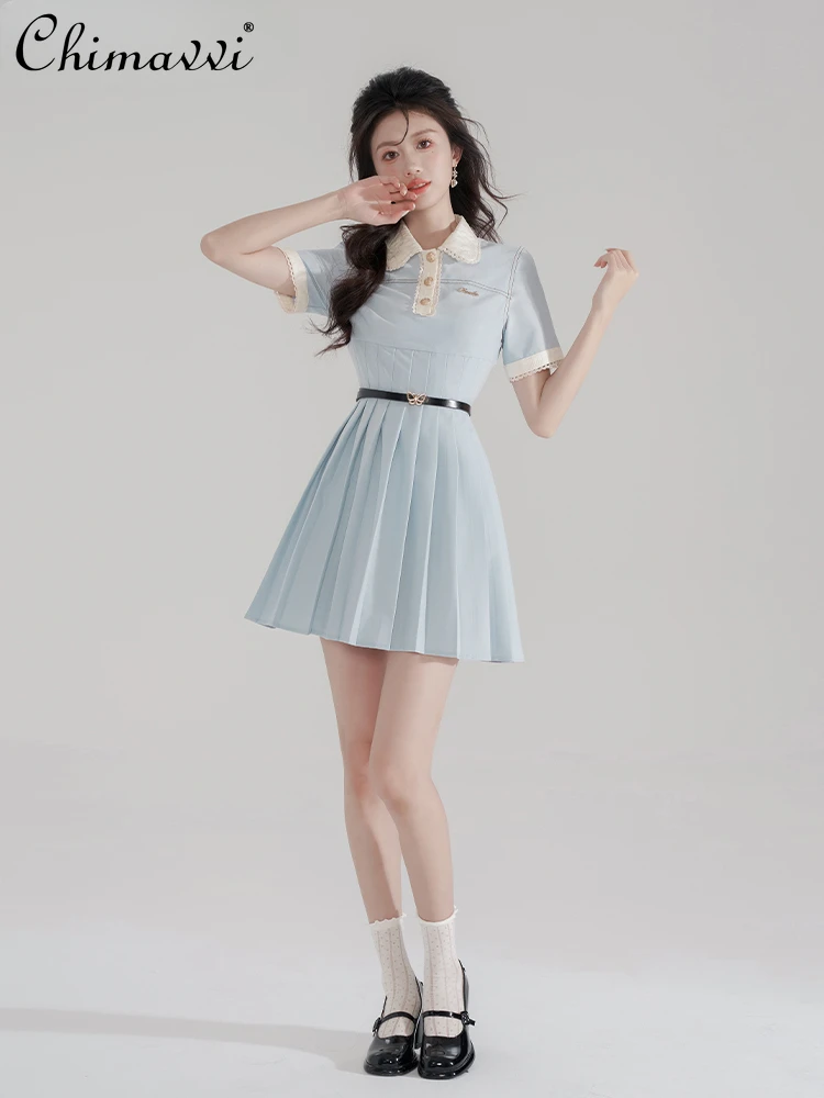 

Women Sweet Preppy Style Dress Summer Blue Stitching Polo Collar Short Sleeve High Waist Lady Pleated Mini Dresses With Belt