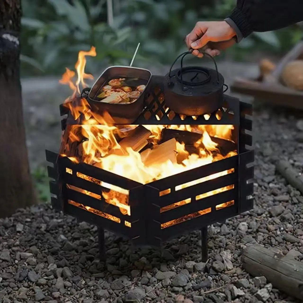 Foldable And Detachable Steel Camping Fire Pit, Suitable For Outdoor BBQ Grills And Camping Stoves