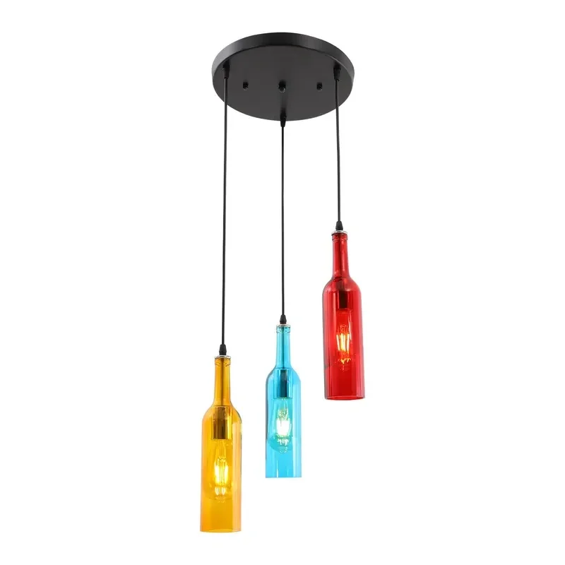 3 Lights Colorful Wine Bottle Glass Pendant Light Round Black Hanging Lamp For Bar Cafe Dining Kitchen Decor Lighting