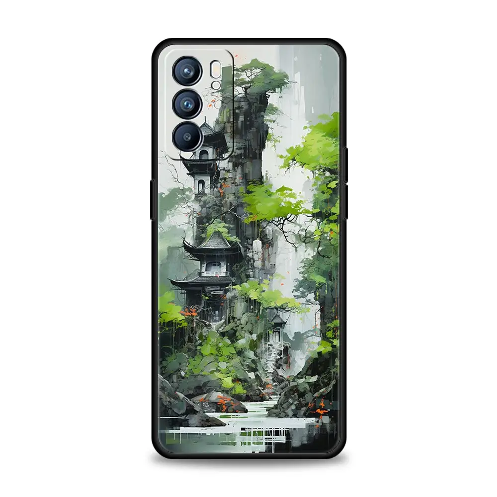 Case For Oppo A54 A53 A52 A9 A15 A95 A17 A16 A76 A74 Find X6 X5 Reno8 Reno7 Reno6 Pro 5G Cover Ink and wash landscape painting