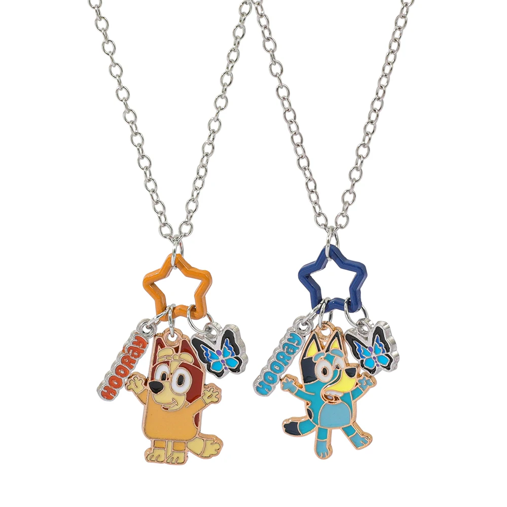 2 Piezas Collar de Aleación con Colgante de Gota de Aceite de Bluey, Bingo y Chili, Adornos de Animación de Dibujos Animados Kawaii, Regalo DIY
