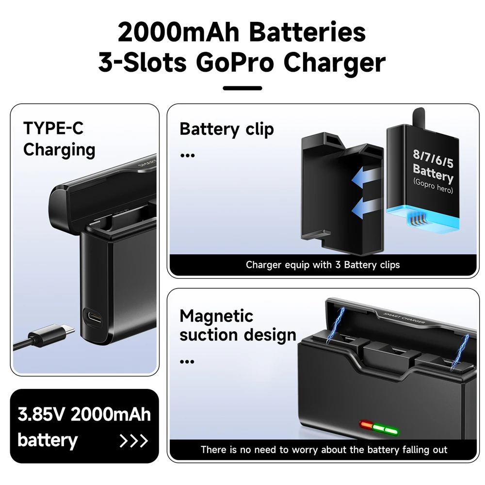 2000mAh for GoPro Hero 12 11 10 9 Black Battery + 3 Slots LED Light Bateria Storage Box Charger for GoPro 12 11 Go Pro 9 Battery