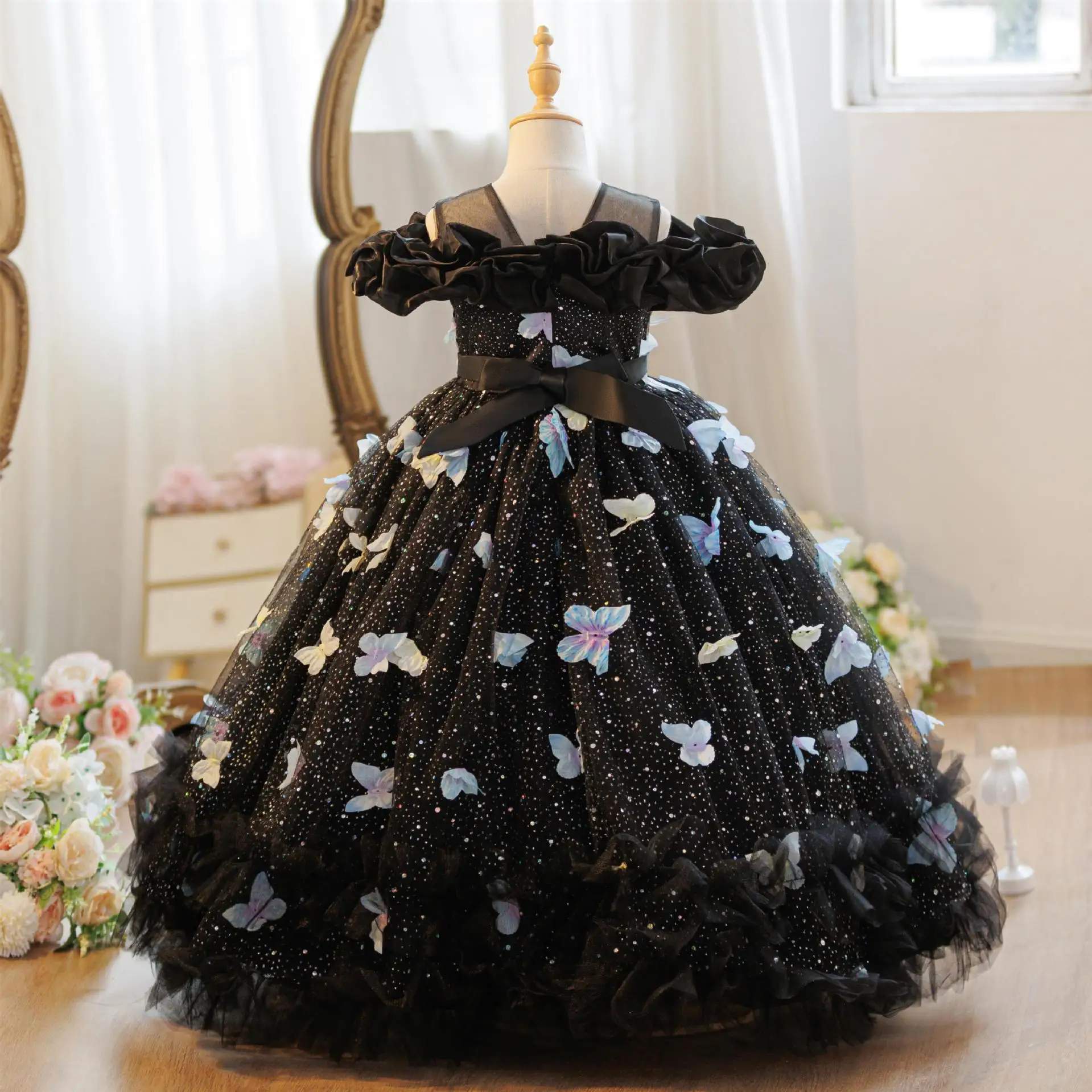 New Elegant Party Dress for Girls Butterflies Flower Girl Wedding Dresses Princess Clothes From 4 to 12 Years