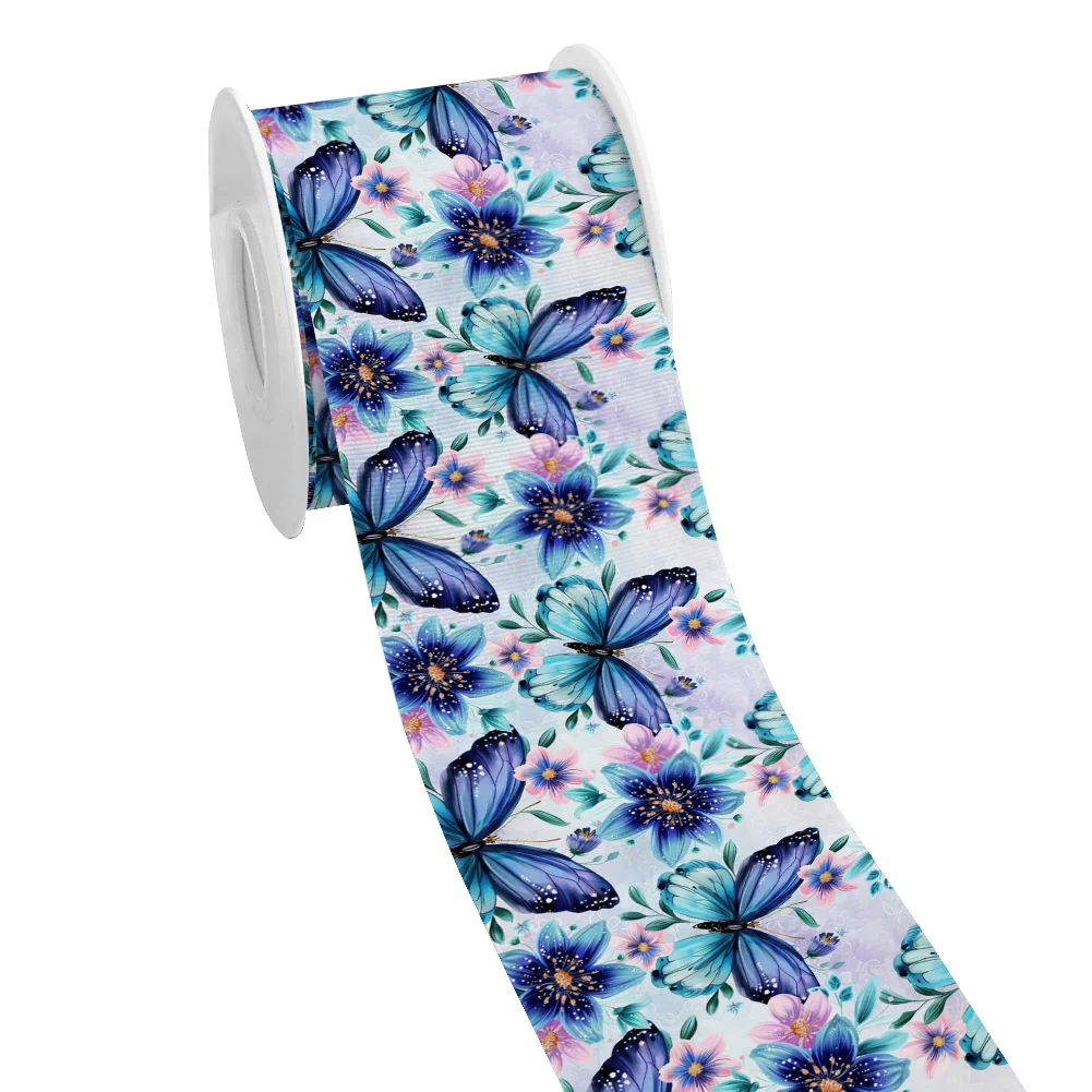 5 Yards Cartoon Watercolor Butterfly Printed Grosgrain Ribbon for Cheer Bows DIY Girl Headwear Hair Bows Satin Ribbon