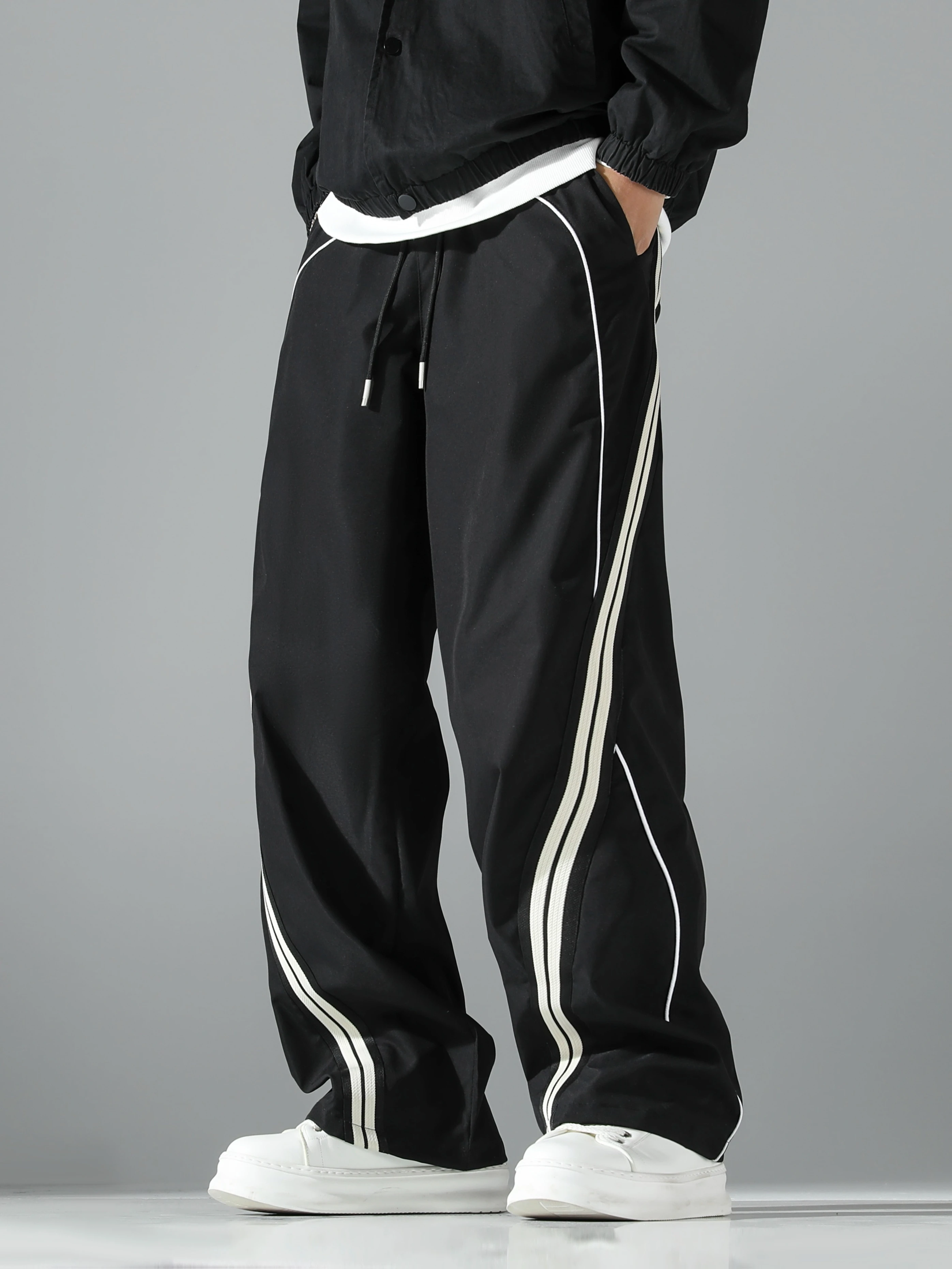 2026 New Style Men Wide Leg Track Pants Casual Drawstring Waist Trousers Side Stripe Spliced Loose Streetwear Couple Pants Kids