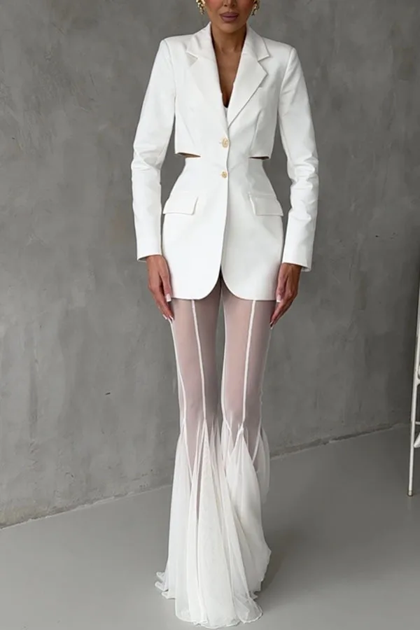 Women's Sheer Mesh Flare Pants High Waist See Through Bell Bottom Trousers Elegant Runway Style Sheer Pants Party & Fashion Show