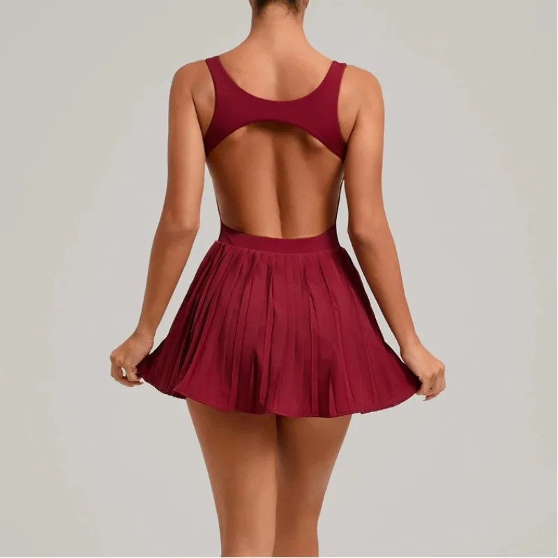 

Backless Sports Tennis Golf Dress Mini Workout Pleated Skirts with Shorts Yoga Suit Peadded Gym Jumpsuit Fitness Set Activewear