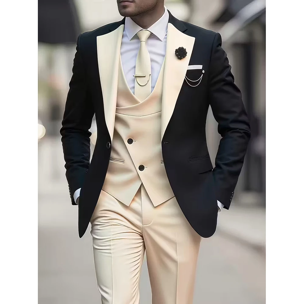 

Elegant Men's Suits 3 Pieces Jacket Vest Pant Sets High Quality One-Button Shawl lapel Color Blocked Male Wedding Clothing