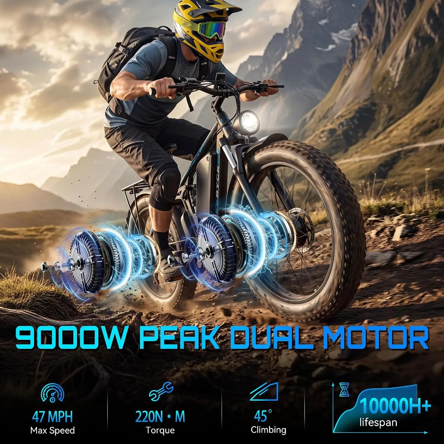 9000W Peak Dual Motor E-Bike, 52V 36AH 110Miles Range, Full Suspension Hydraulic Brake 24in Fat Tire Off-Road, Customized