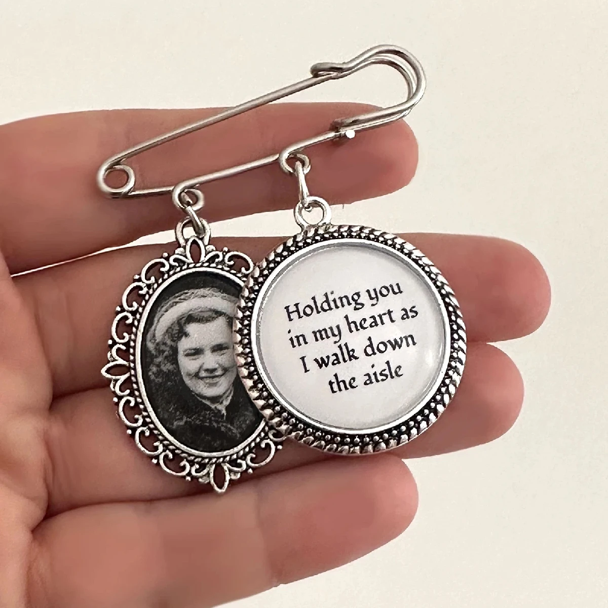Silver Memorial Wedding Bouquet Pin, "Holding You in My Heart as I Walk Down the Aisle", Bridal Bouquet Charm Keepsake view 3