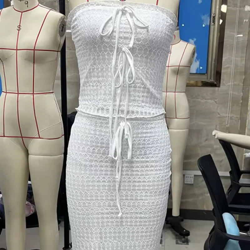 

Женские летние наряды, однотонные укороченные бандо на шнурке и эластичная длинная юбка, комплект для уличной эстетичной одежды