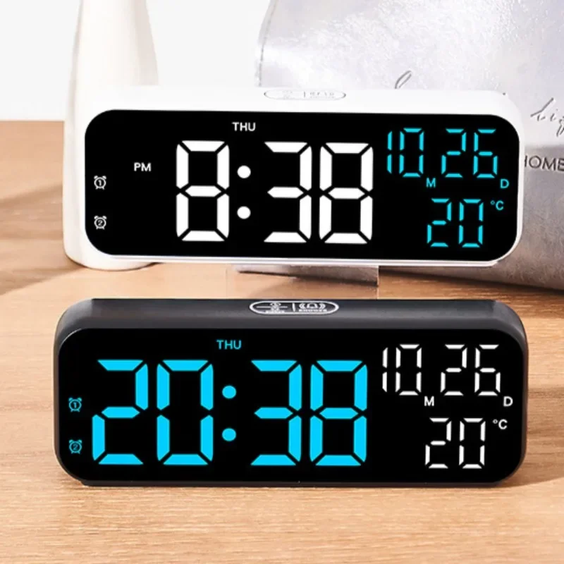 Digital Alarm Clock Voice Control Date Time Temperature Display Countdown Dual Alarm 12/24 Hour Electronic LED Alarm Clock Desk