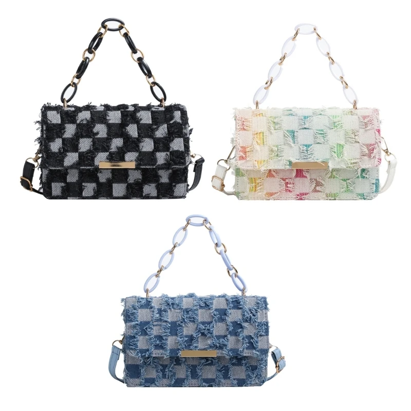 Female Distressed Tassels Handbag Chain Handle Checkered Shoulder Crossbody Bag