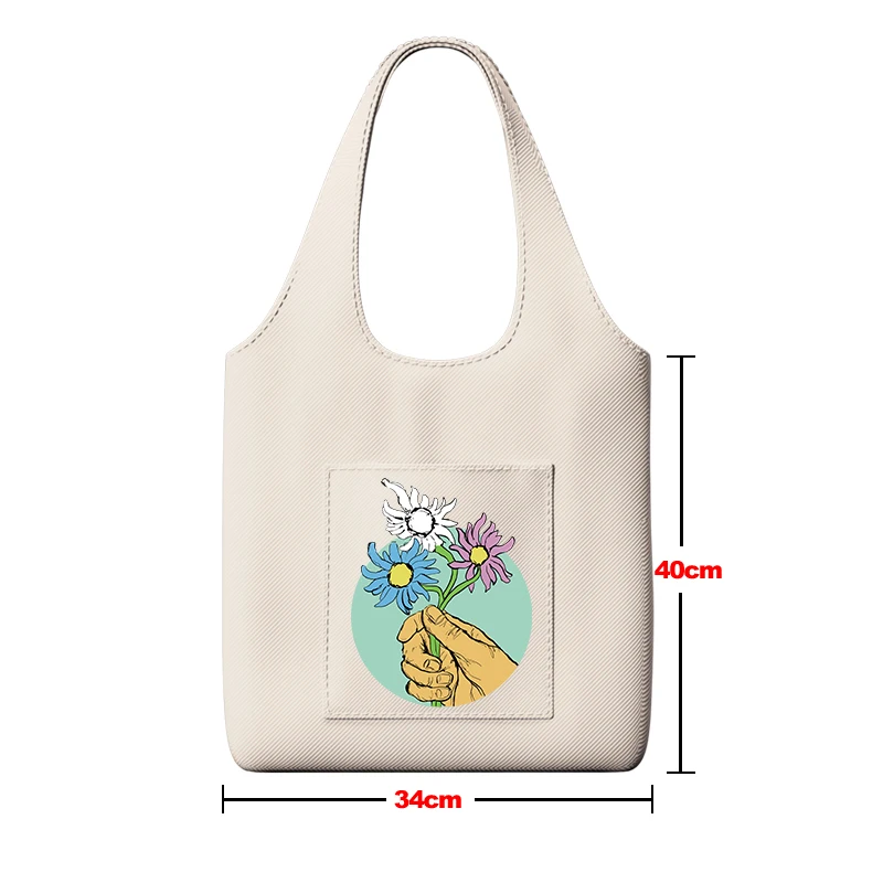 Bolsa de compras feminina de lona, gato segurando padrão de flor, colete de armazenamento ecológico, bolsa de ombro de lona, han