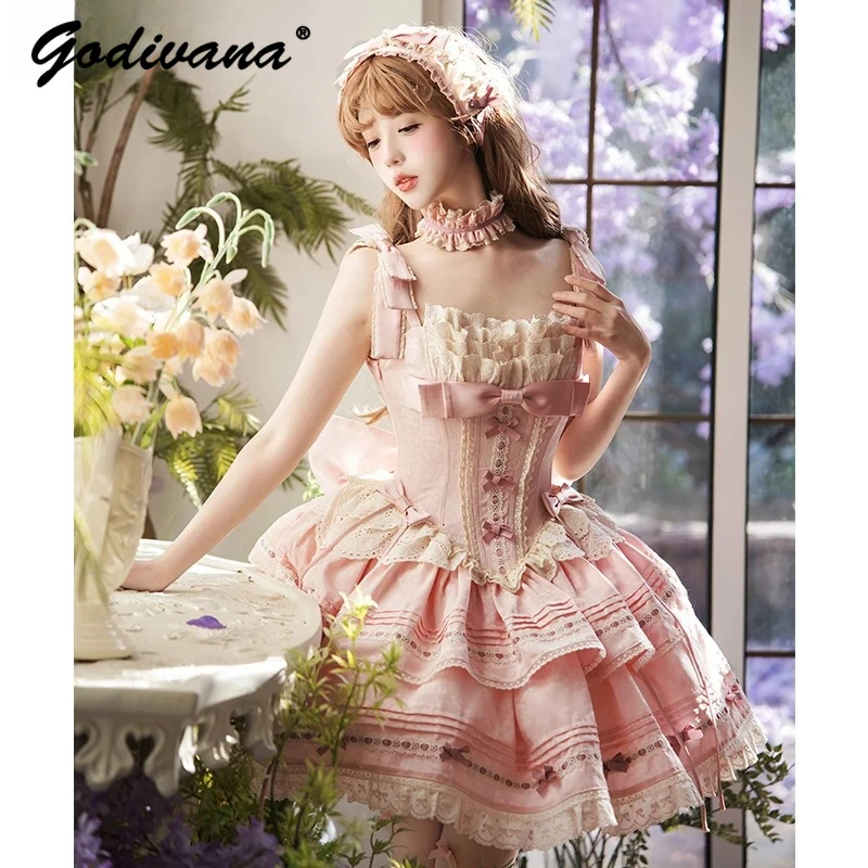 Abito da principessa rosa Jsk per ragazze in stile balletto, nuovo originale, estivo, per ragazze dolci, da donna, con fiocco sottile, per feste di compleanno