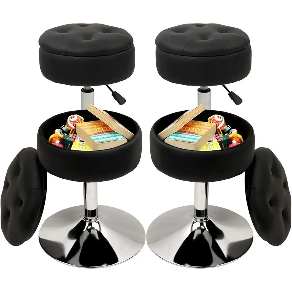 Height-Adjustable PU Leather Vanity Stool with Storage, 19-24, 360° Swivel, for Makeup, Multiple Rooms, Black, 4-Pack