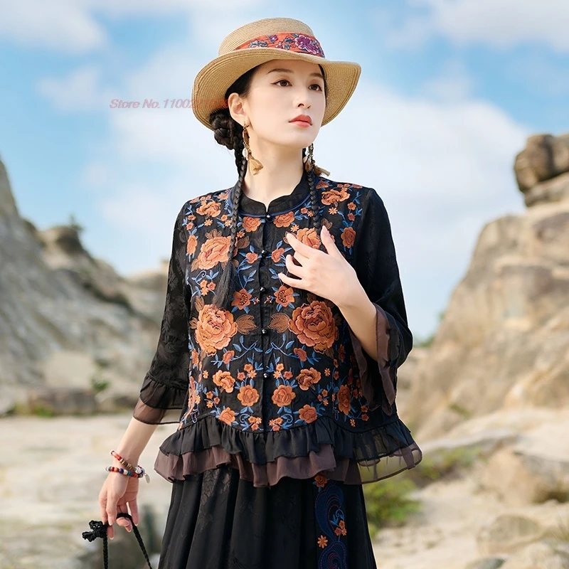 2026 chinese vintage blouse national flower embroidery satin jacquard blouse traditional lace patchwork ethnic folk hanfu tops