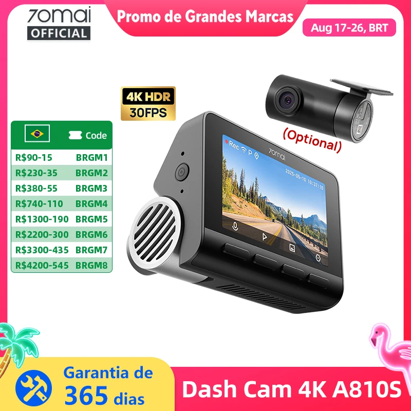 Câmera Veicular 70mai A810S 4K HDR GPS ADAS com Gravação Automática, Detecção de Movimento de Canal Duplo, Suporte 4G LTE, DVR Automotivo 70mai A810S Versão Global