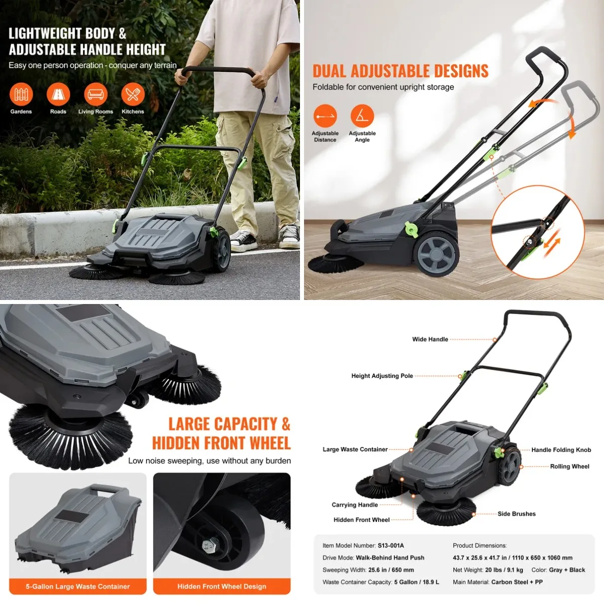 Walk-behind Hand Push Floor Sweeper, 25.6' Sweeping Width Floor Sweeper Manual Non-Electric, 5-Gallon Waste Container, Angle & H
