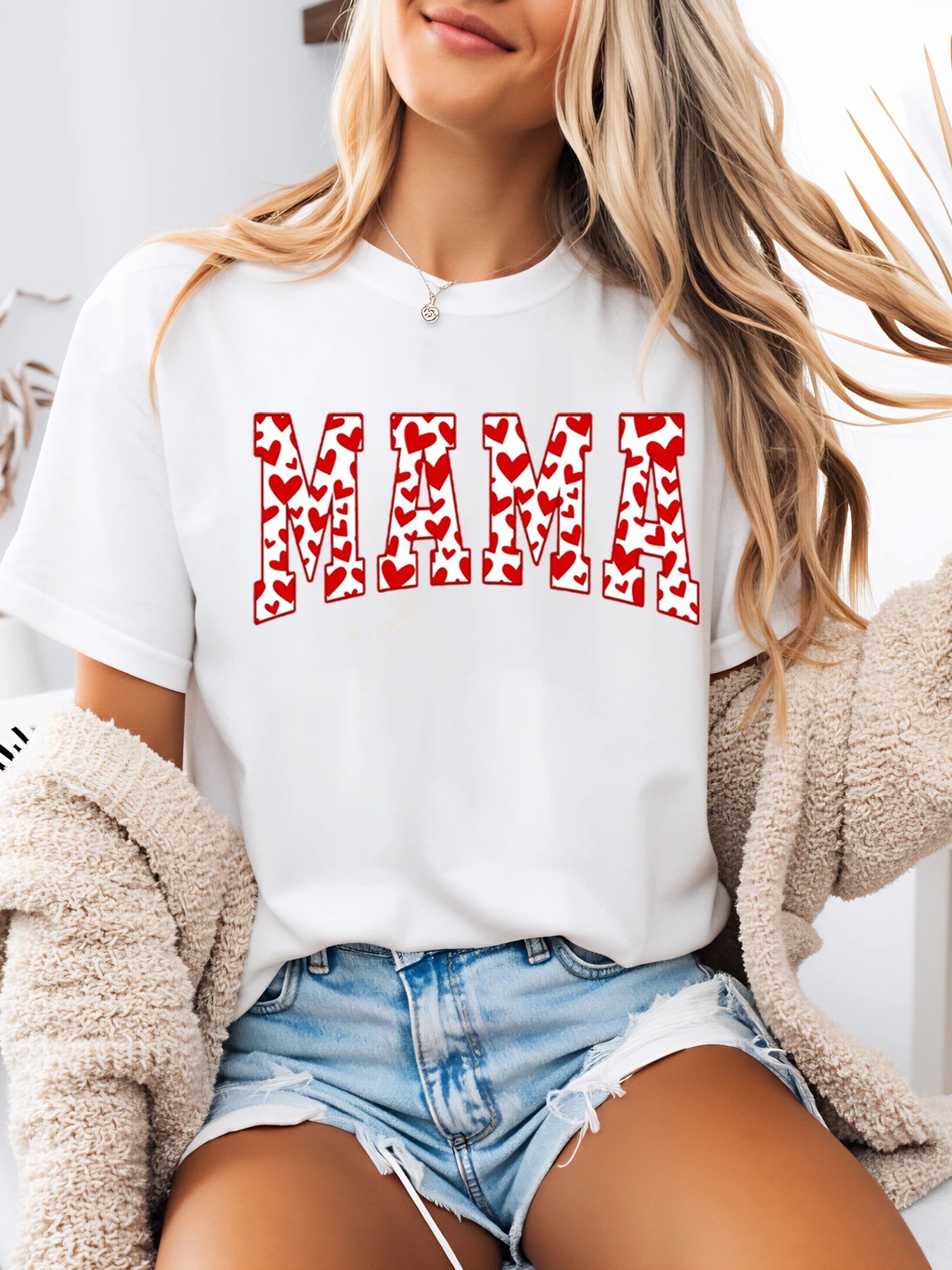 Heart Pattern Mama Print t Shirt Mother's Day Casual Tee Women's Daily Wear White Plus-Size