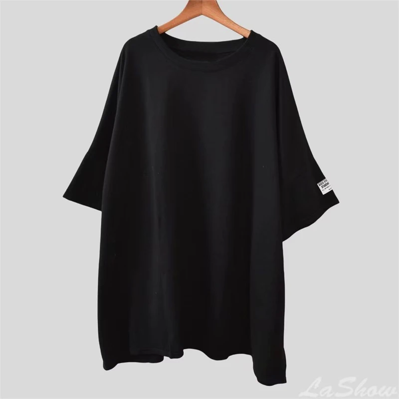 2024 Summer Women Trendy Appliques Oversized Short Sleeve Irregular T-shirt Y2K Female Casual Streetwear Solid O Neck Tunic Tops