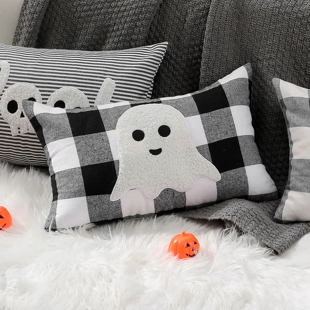 12x20 Throw Pillow Cover for Sofa Halloween Decorative Cushion Covers Cartoon Cute Pillow Cases Black-white Plaid Pillowcases