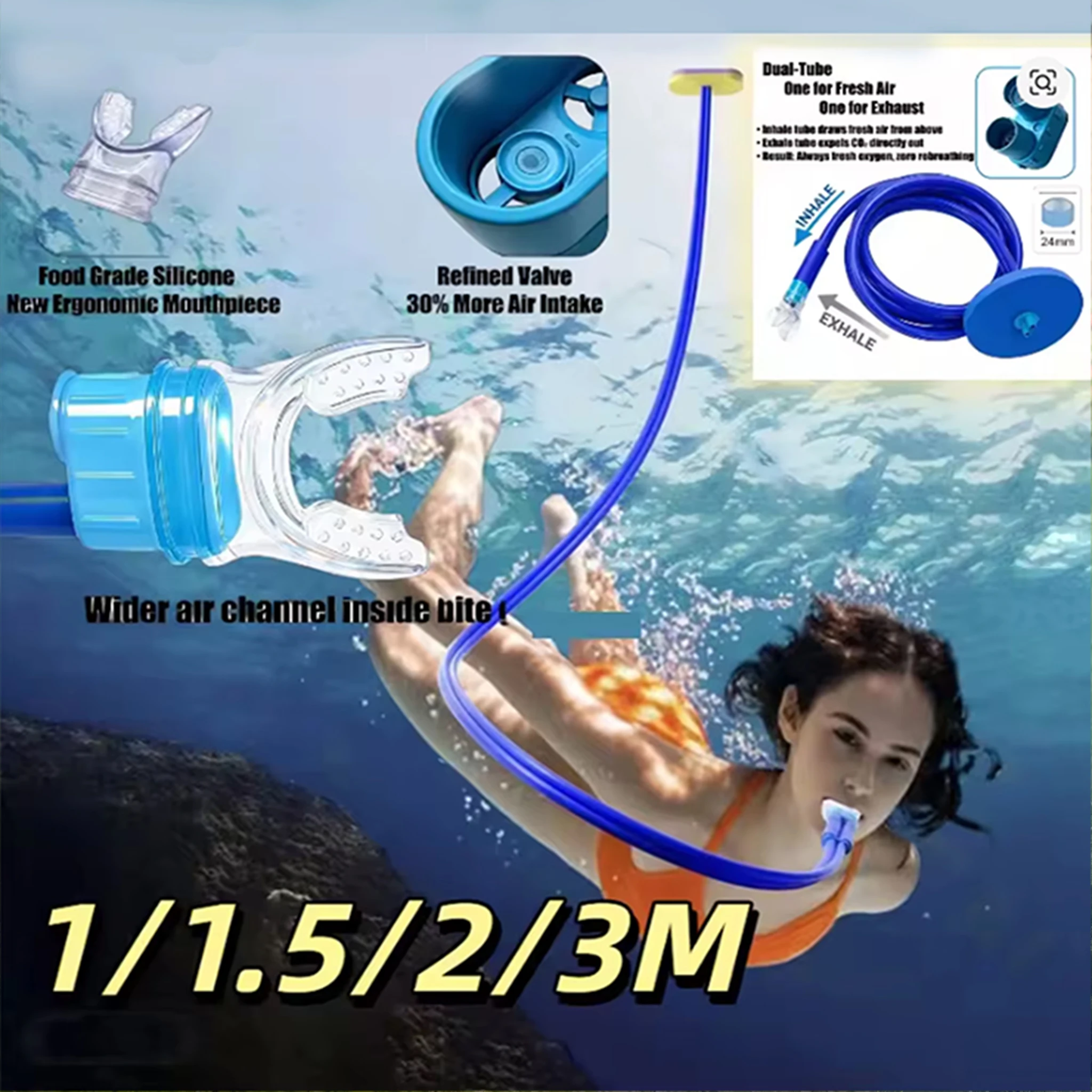 Tubo de respiración para natación, aparato de respiración completamente seco de 2 m de largo, equipo de buceo para hombres y mujeres adultos, equipo para experiencias de buceo en arroyos