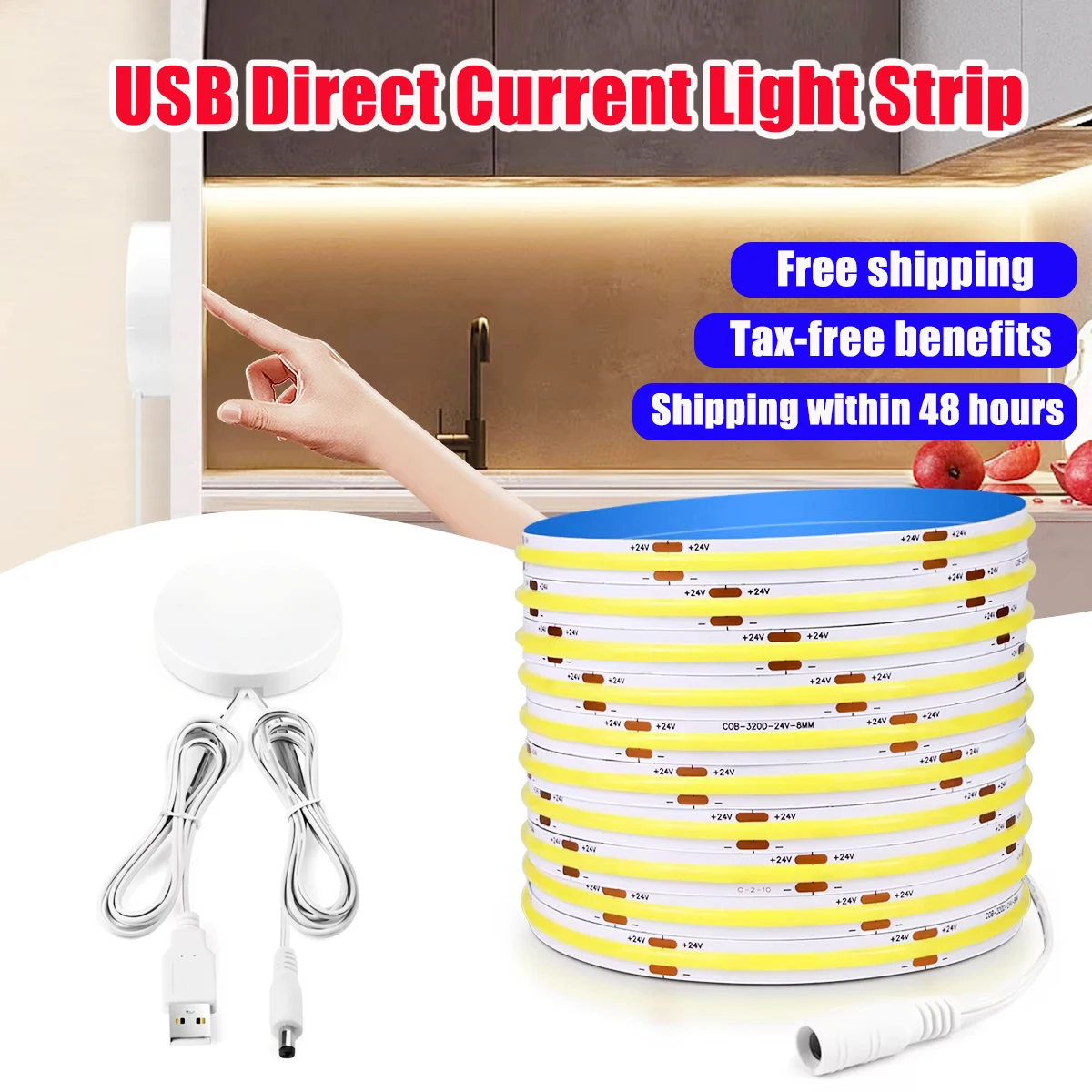 

Usb+Dc Powered 5V Cob Sensor Touch Dimming Light Strip Kit, Hand Sweep Touch Control Dimmable Led Light Bar, Cool White/Natural