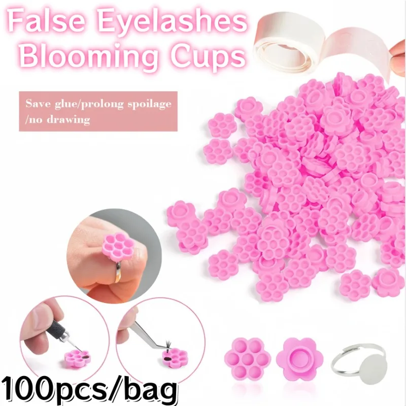 100pcs/bag False Eyelashes Blooming Cups Fan Lashes Rapid DIY Extension Glue Cups with Adhesive Eyelash Extension Makeup Tools
