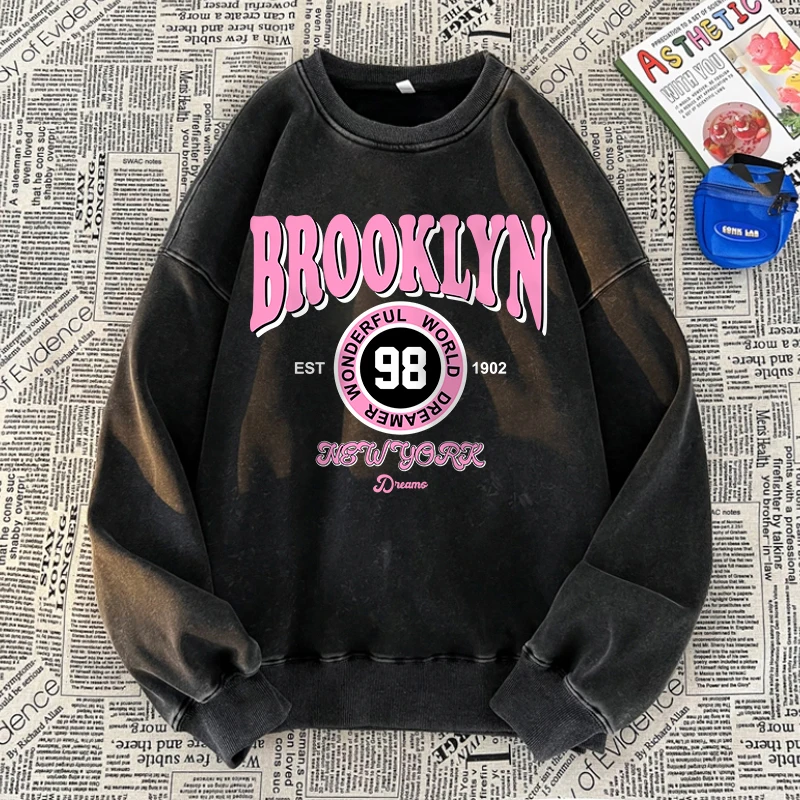 Brooklyn World Dreamer Washed Sweatshirts Women Letter Printing Hoodies Oversized Crewneck Cotton Tops Fashion Woman Pullover