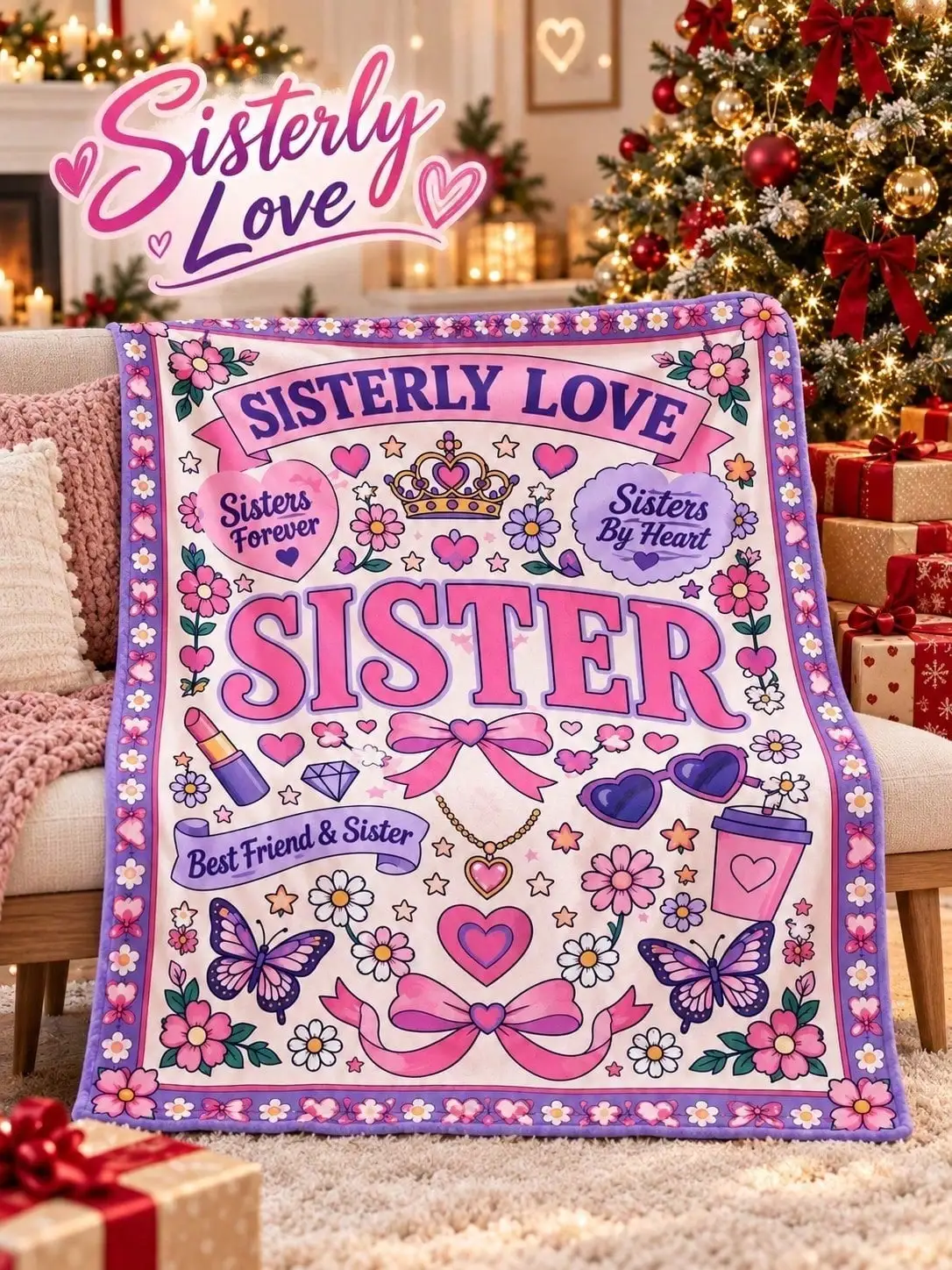 Flannel Blankets Sisterly Love Crown Butterfly Heart Doodles Sofa Bed Throw Home Decor Bedroom Living Room Christmas Halloween Thanksgiving Birthday Anniversary Housewarming Gift Family Friends Guestroom Apartment Reading Nook Dorm Travel Office