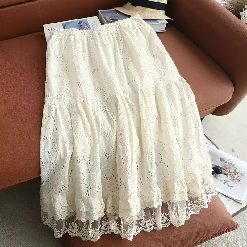New Summer Floral Embroidery Hollow Out Skirt Women Clothing Lace Patchwork A-Line Beige White Color Sweet Female Skirts U054